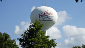 Aerial view of the Bellaire Water Tower in Houston, Texas. The water tower is a landmark in the Bellaire neighborhood.