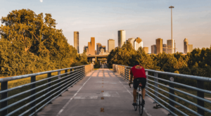 Scenic view of Sawyer Heights White Oak Bayou Hike and Bike Trail, a popular recreational path in Houston, winding alongside the tranquil White Oak Bayou.